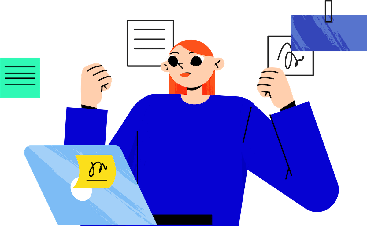 Illustration of a lady on a laptop with many documents